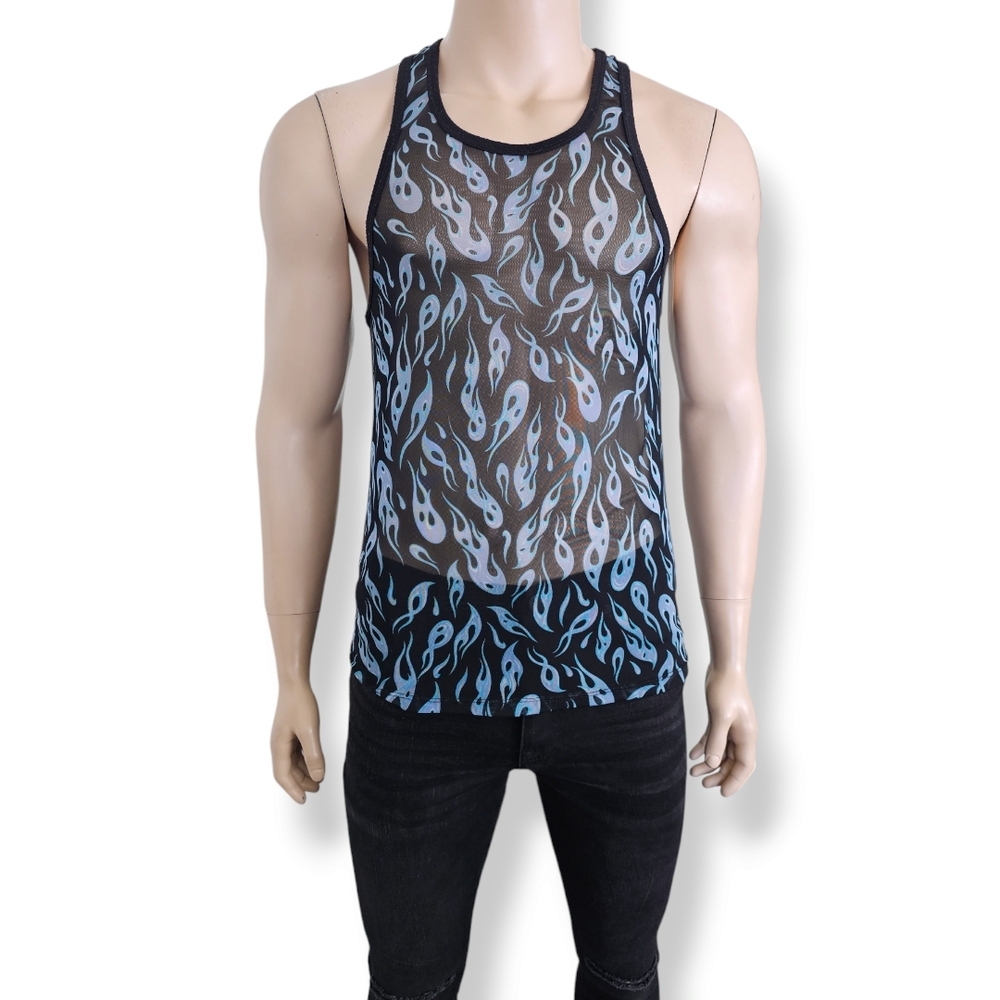 Mission Blue & Black Flame Pattern Mesh Tank Top Size Small